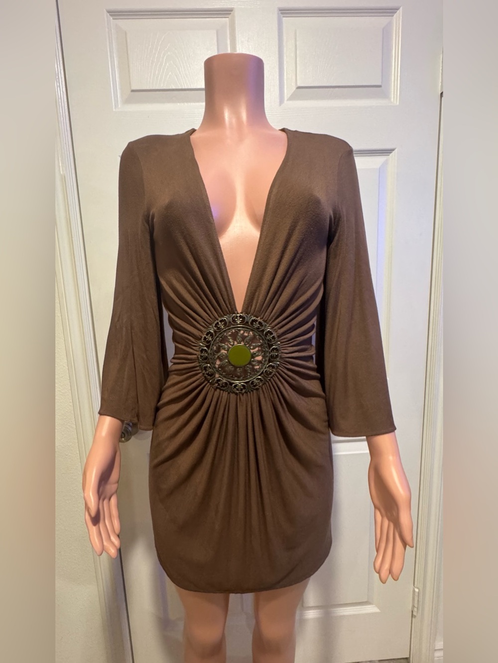 Sky Brand Brown Deep V-Neck Mini Dress with Decorative Waist Accent Sz S - Picture 7 of 11